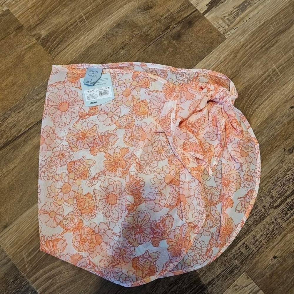 Shade & Shore Women Peach Orange Floral Sarong‎ Wrap Swimsuit Cover Up Small NWT